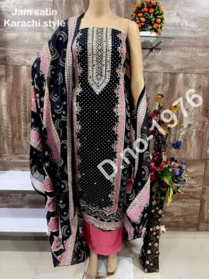 Jam Satin Cotton with Beautiful print neck fancy embroidery work